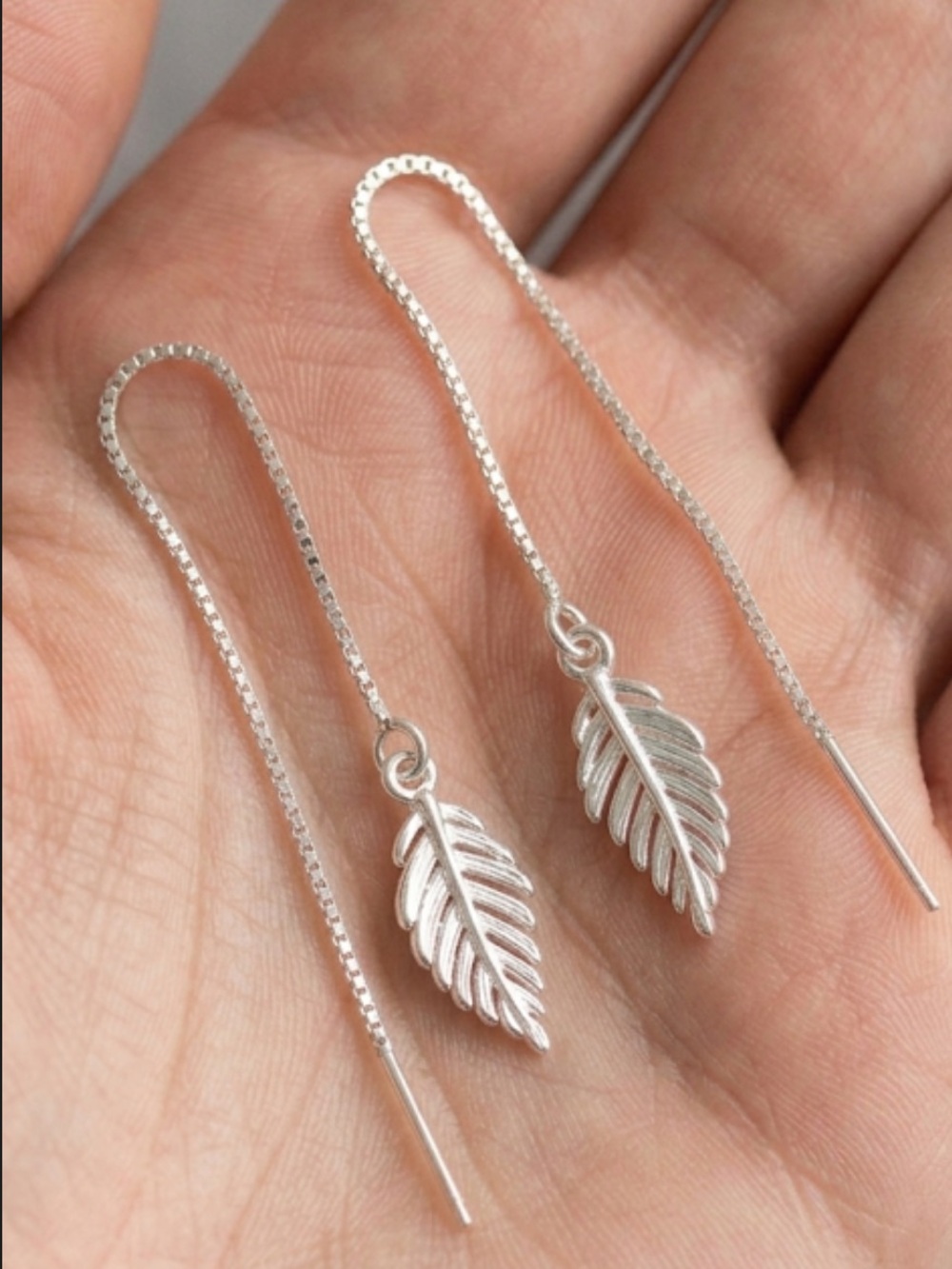 Sterling Silver Leaf Threader Earrings | Minimalist Dangle Earrings NWT - Picture 4 of 6